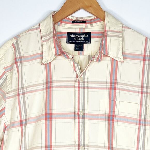 Abercrombie & Fitch Men Muscle Short Sleeve Button-up Shirt Yellow Pink Blue - Picture 2 of 8